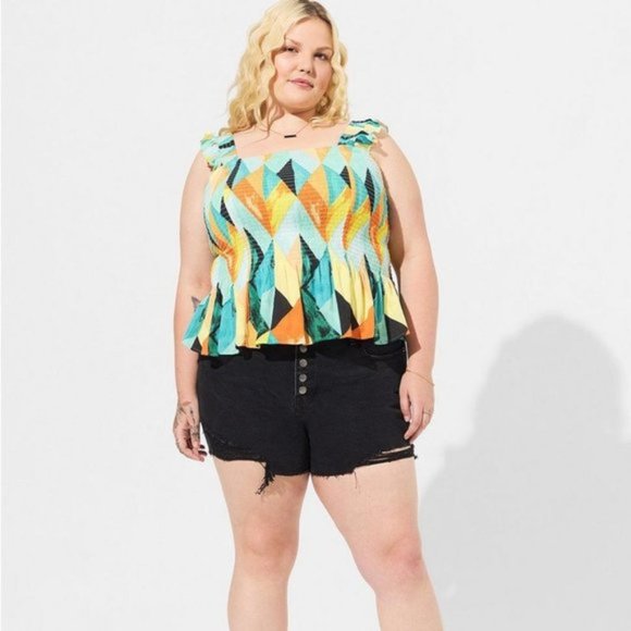 Torrid - Peplum Washable Crinkle Gauze Smocked Tank Top in Geo-Multi - Picture 11 of 13